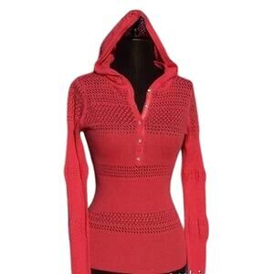 Cache Luxe Rhinestone Buttons Peek A Boo Hoodie Top Coral Knit Cover Up $158 NWT